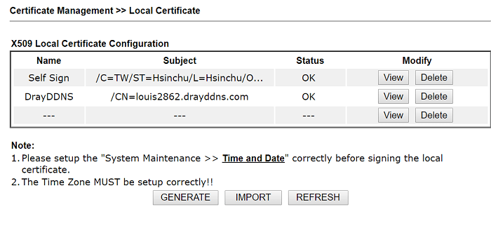 a screenshot of DrayOS local certificate page